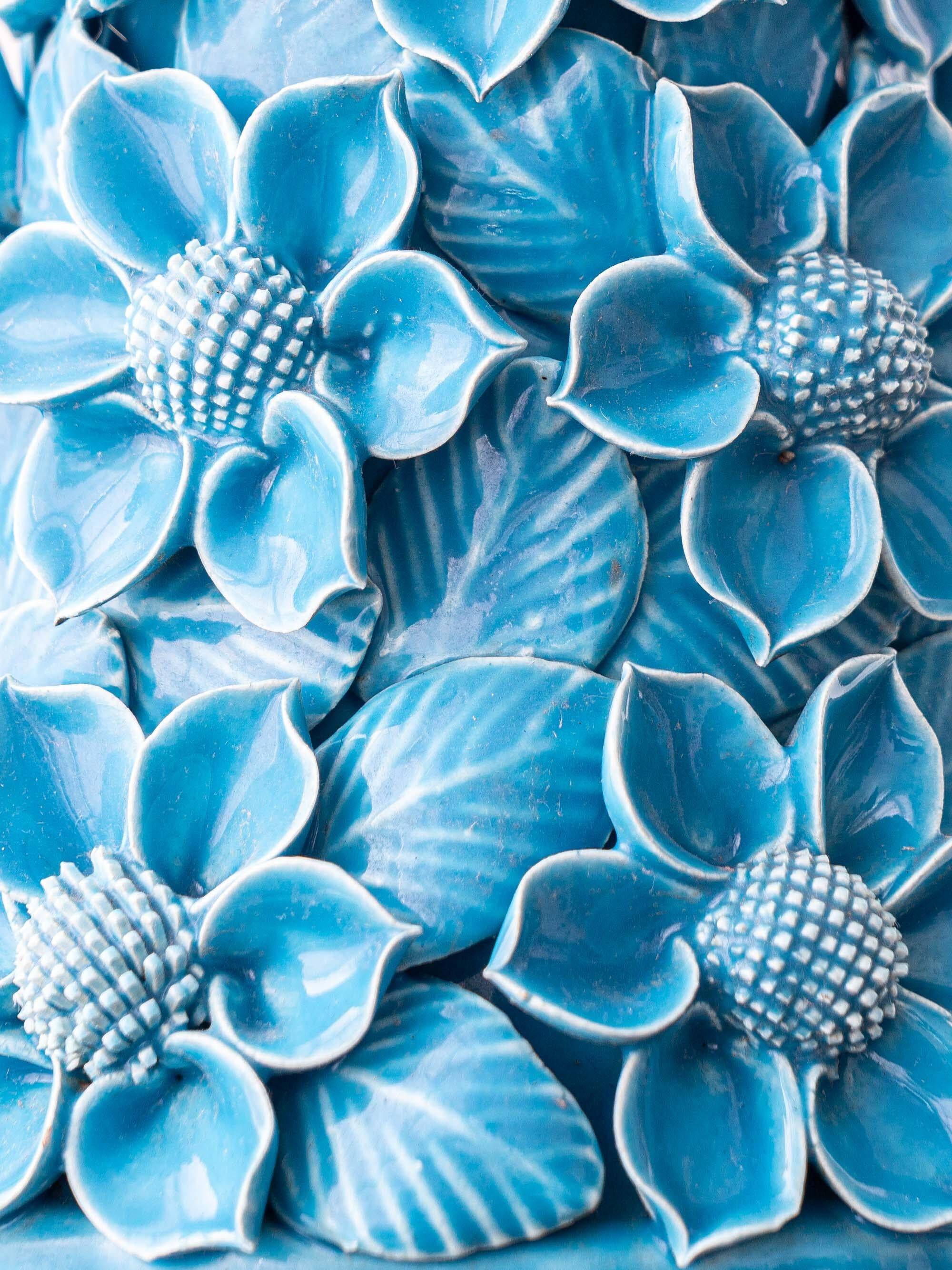 Turquoise glazed ceramic floral table lamp from Manises mid-century, with a new silk shade.