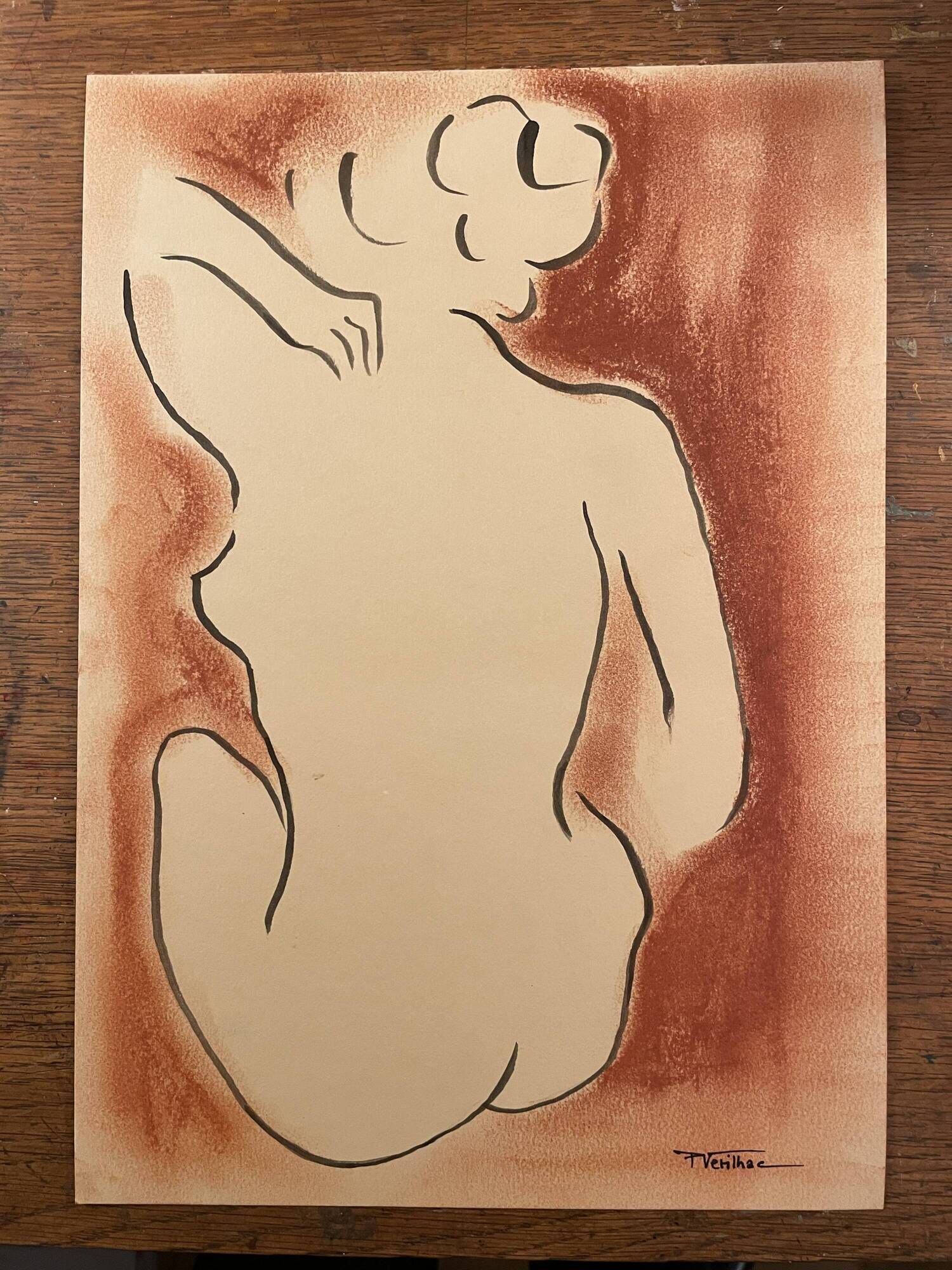 Signed painting in Chinese ink and art deco pastel, female portrait “the bath”