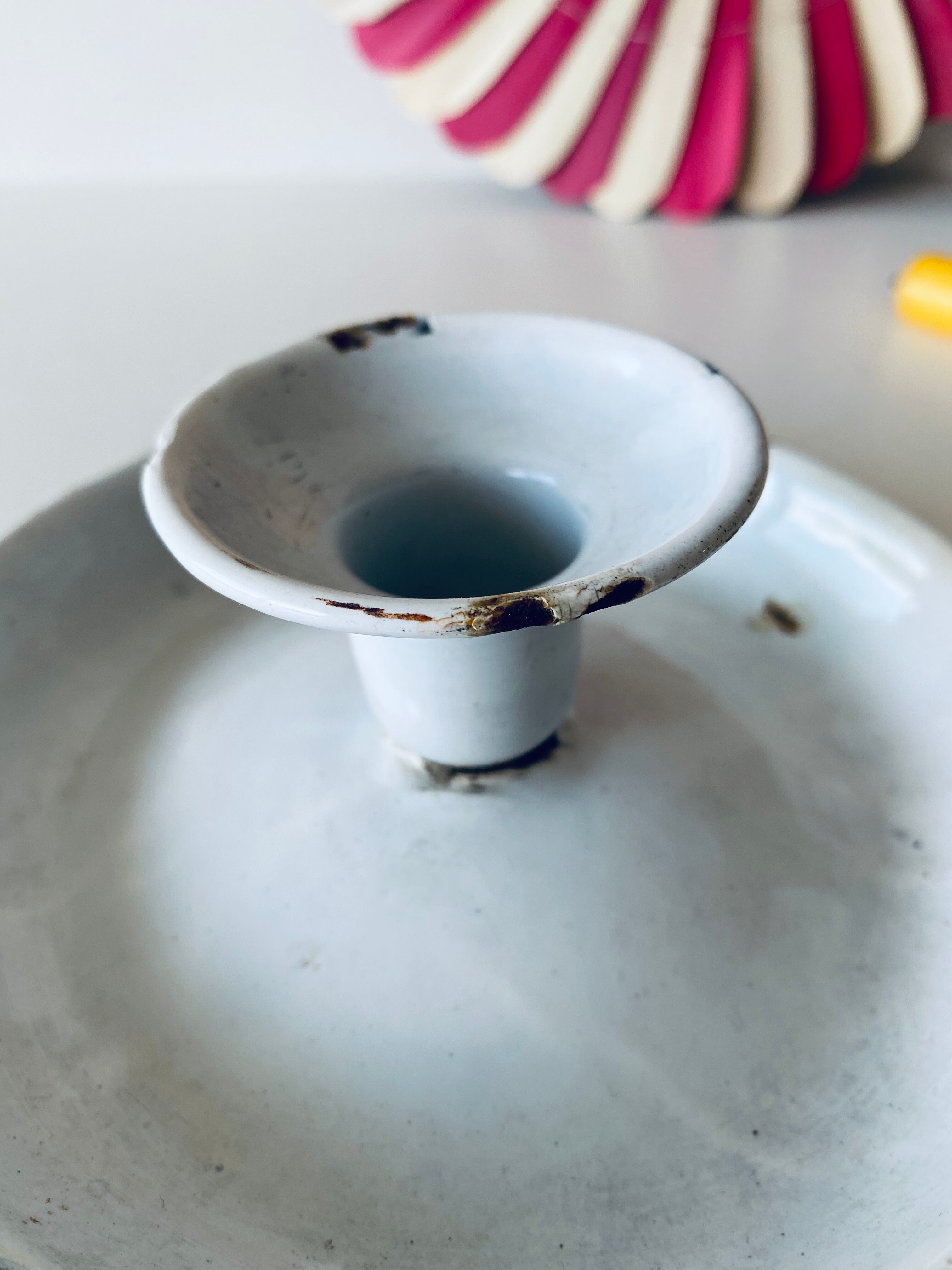 White enamelled candle holder