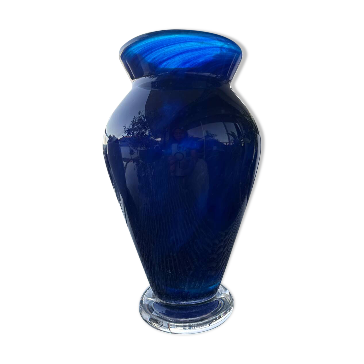 Cobalt blue glass vase, signed, glass art piece.