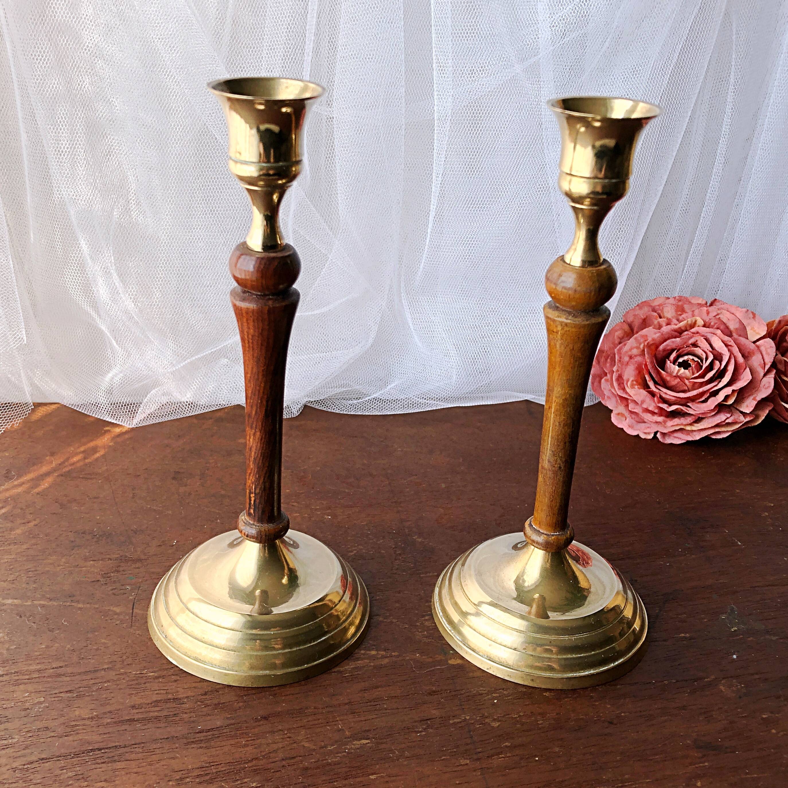 Pair of gilded brass and vintage Indian wood candlesticks
