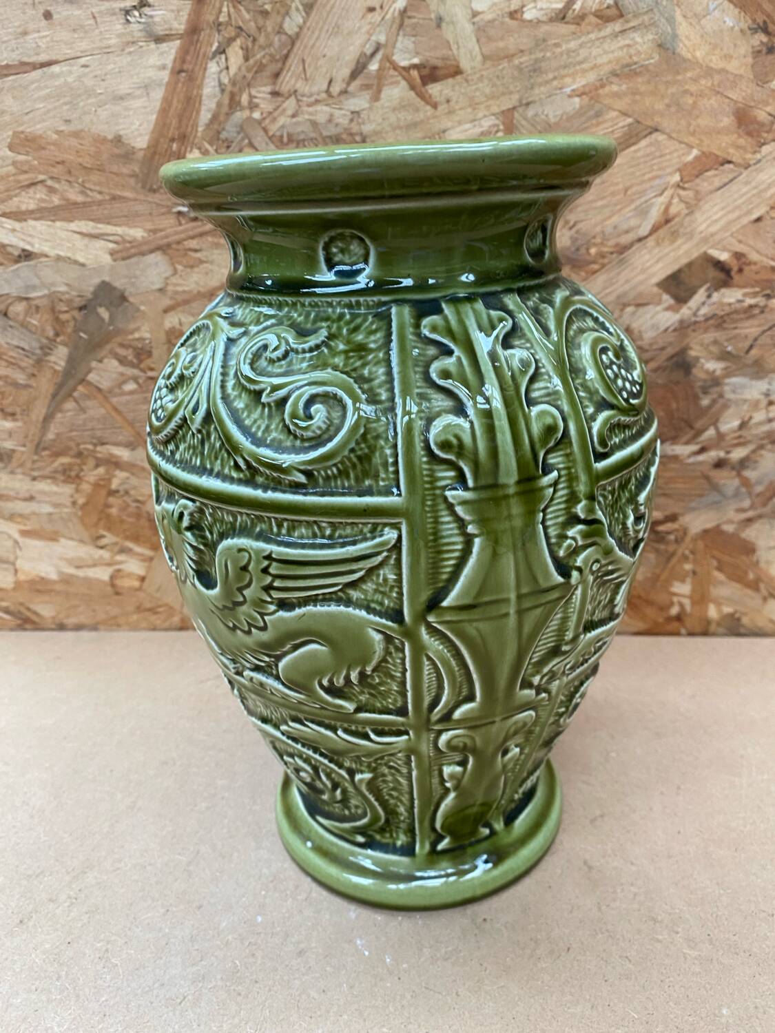 Antique ironstone vase green ceramic relief decor made in england vintage