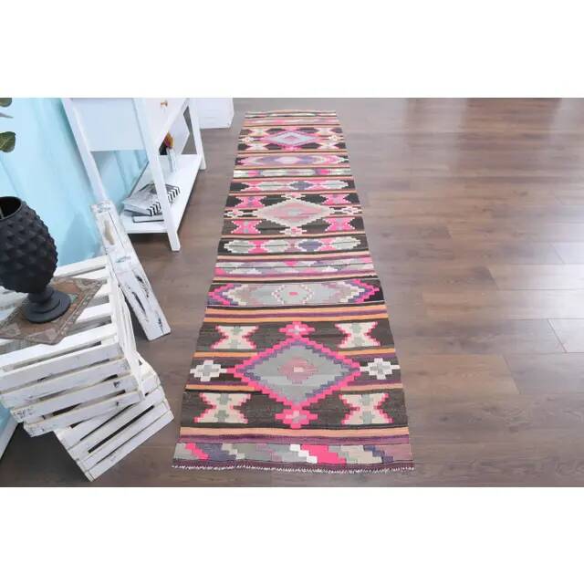 Vintage Turkish Oushak Handmade Wool Cotton Pink Kilim Runner  81x327