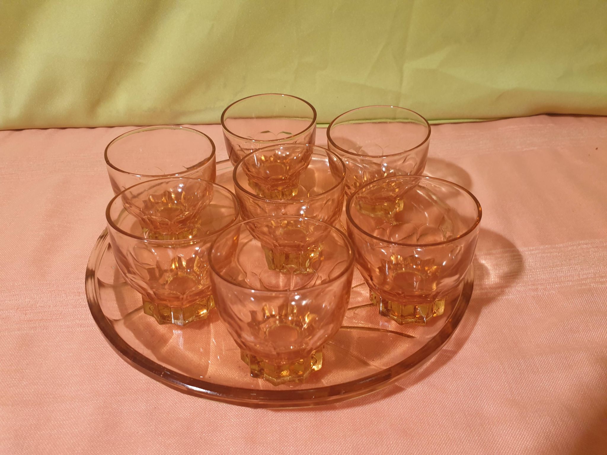 Art Deco pink glass tray and 7 glasses Made in France