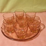 Art Deco pink glass tray and 7 glasses Made in France