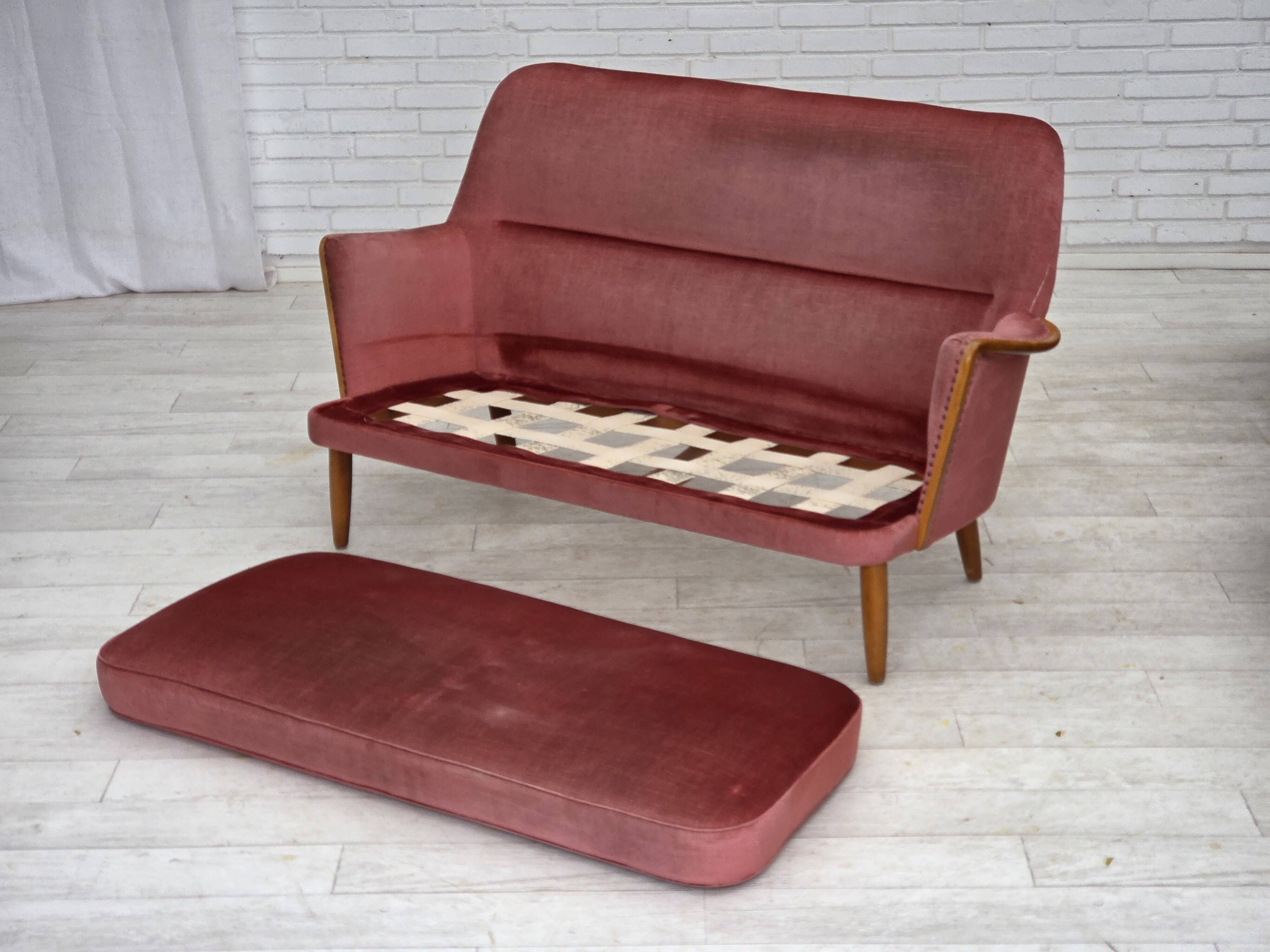 1970s, 2-seater Swedish sofa, pink furniture velour, beech wood.