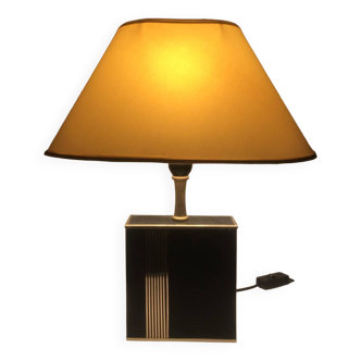 70s golden brass and black leather lamp