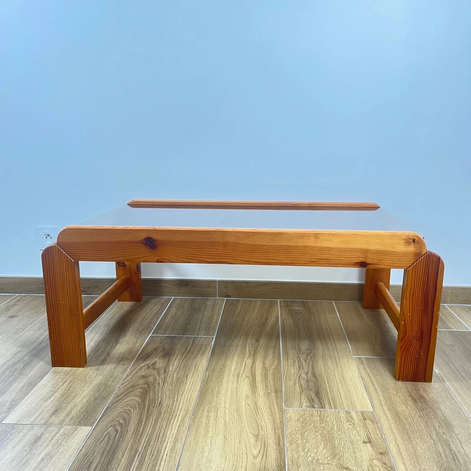 Pine coffee table with smoked glass top, 1970s/80s.
