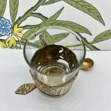 Solid brass teacup and spoon with Art Nouveau flower decor