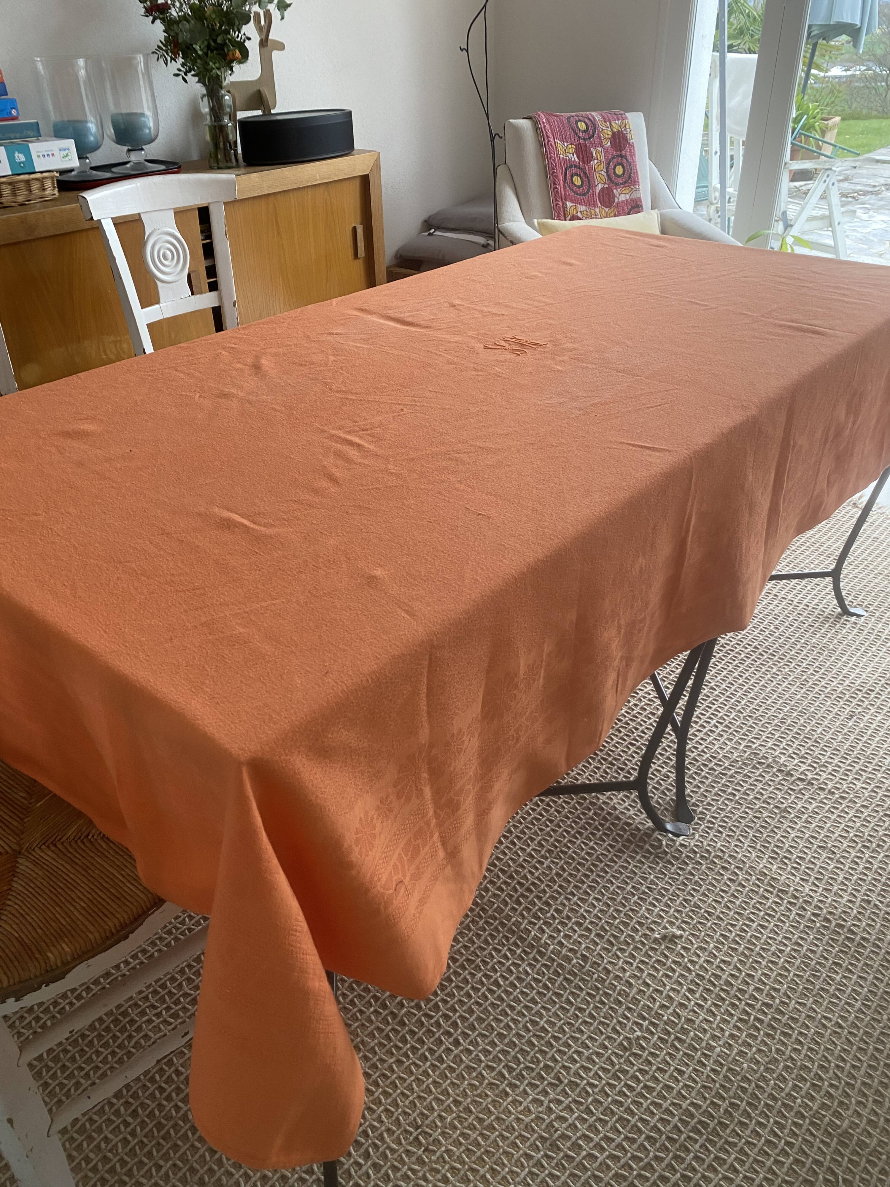 Antique dyed damask tablecloth, monogrammed SW or MS - cotton - 225x145 cm