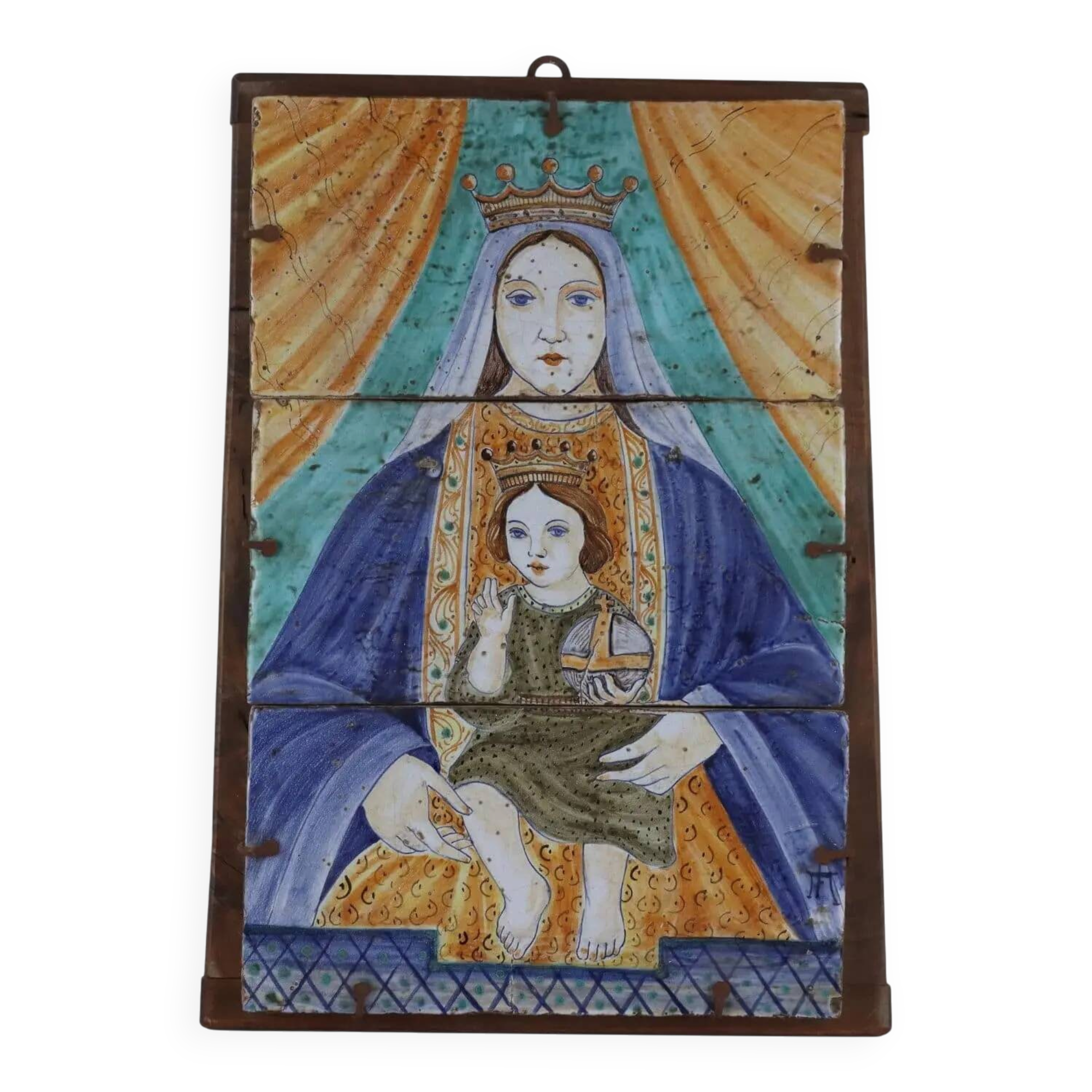 Ancient majolica painting on wood, religious subject, Italy 20th century.