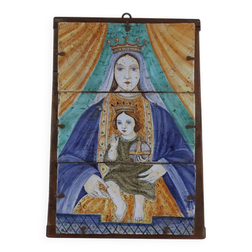 Ancient majolica painting on wood, religious subject, Italy 20th century.