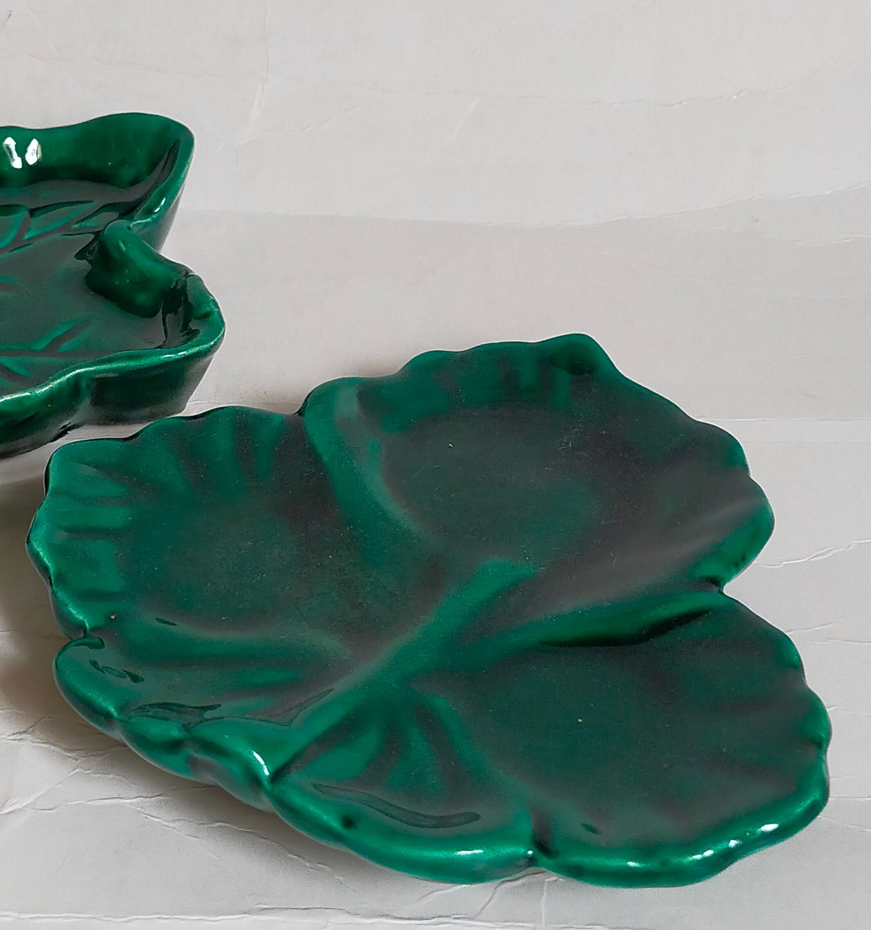 Duo of leaf cups in green slurry from Vintage Vallauris
