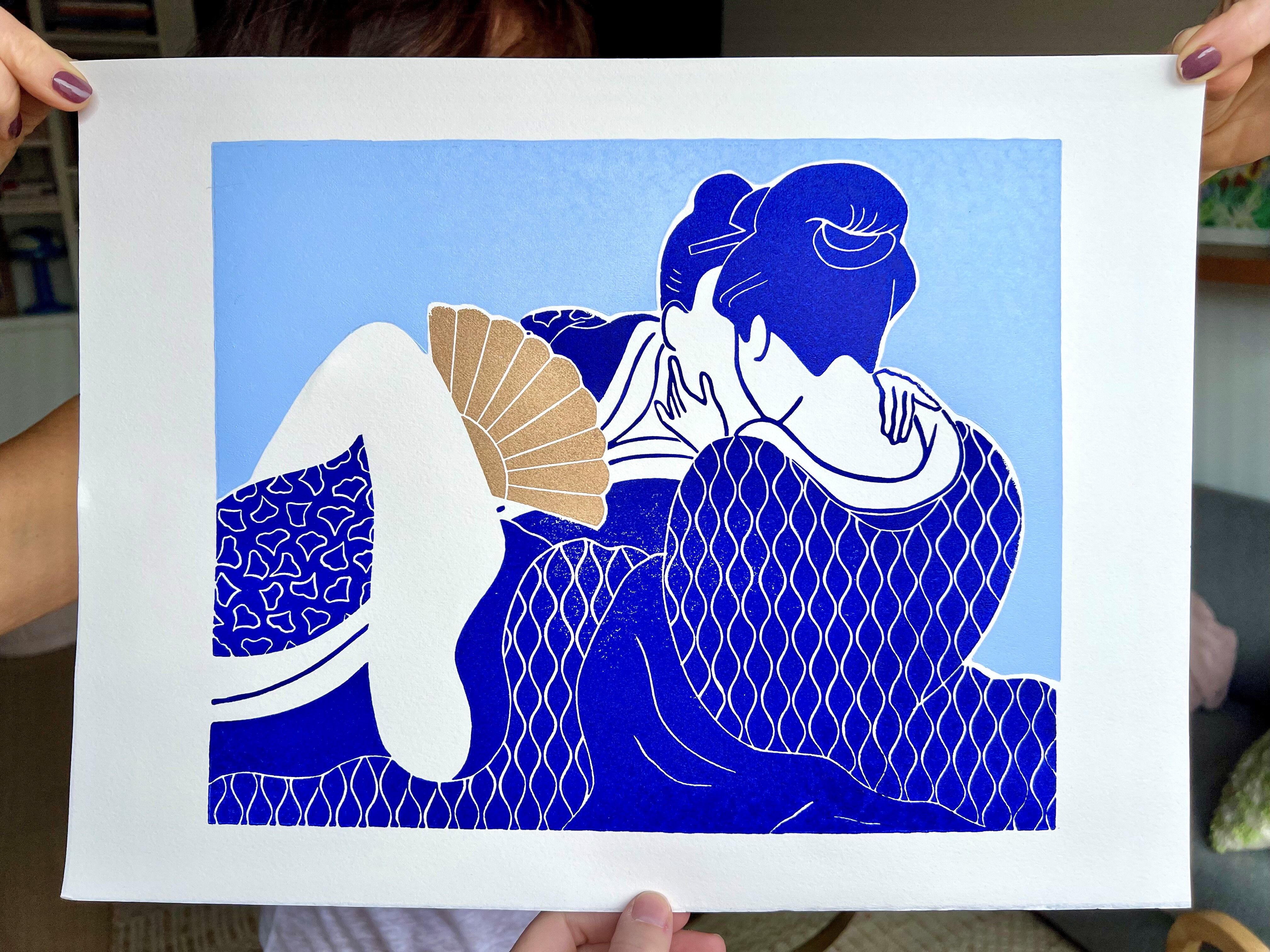 Original linocut, erotic Japanese print
