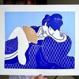 Original linocut, erotic Japanese print