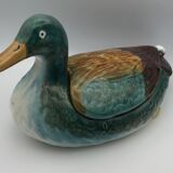 Central soup, dish and lid in polychrome enamelled ceramic, duck shape