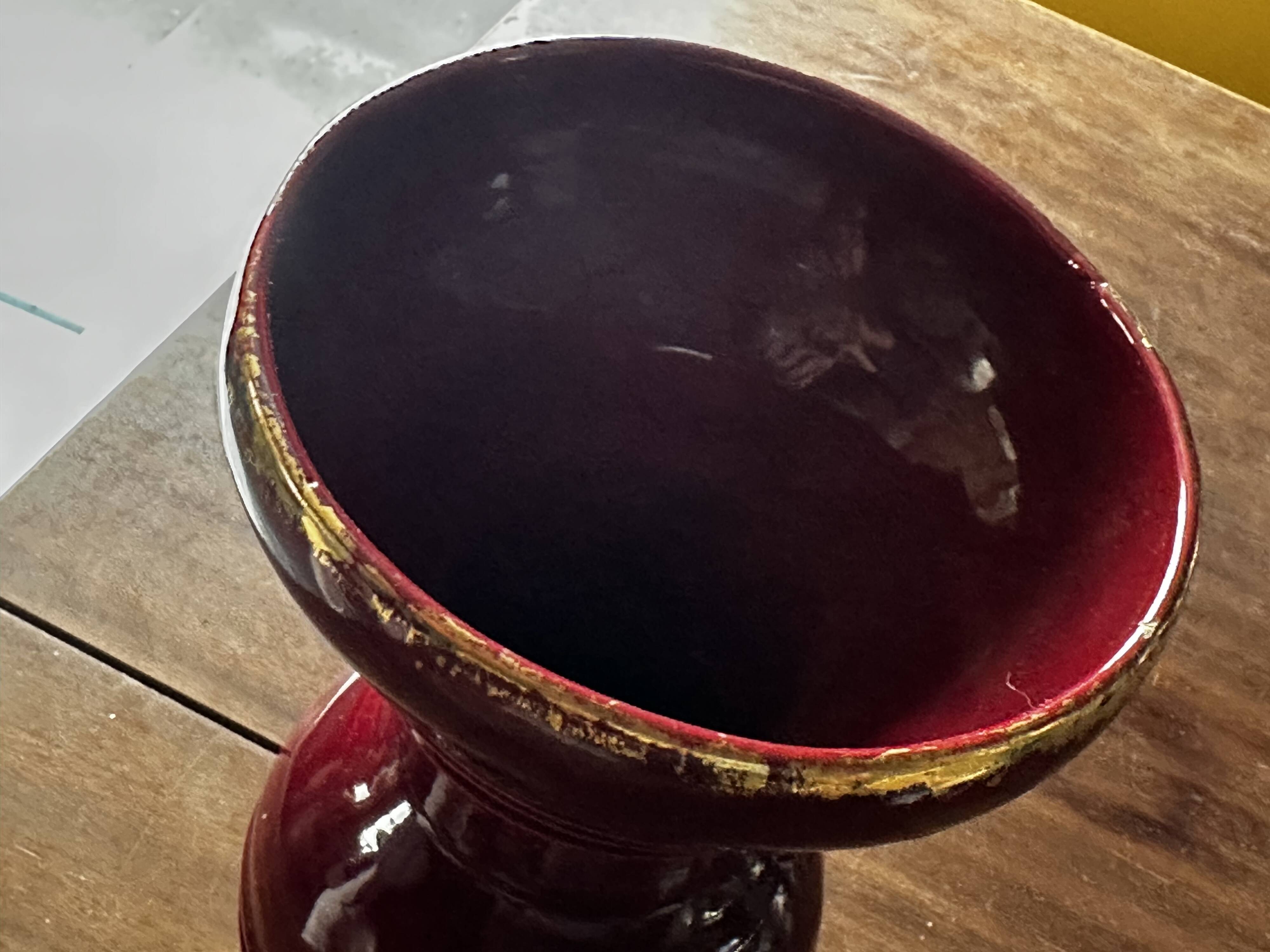 Ringed ceramic vase from Louviers, red and gold, 1950s