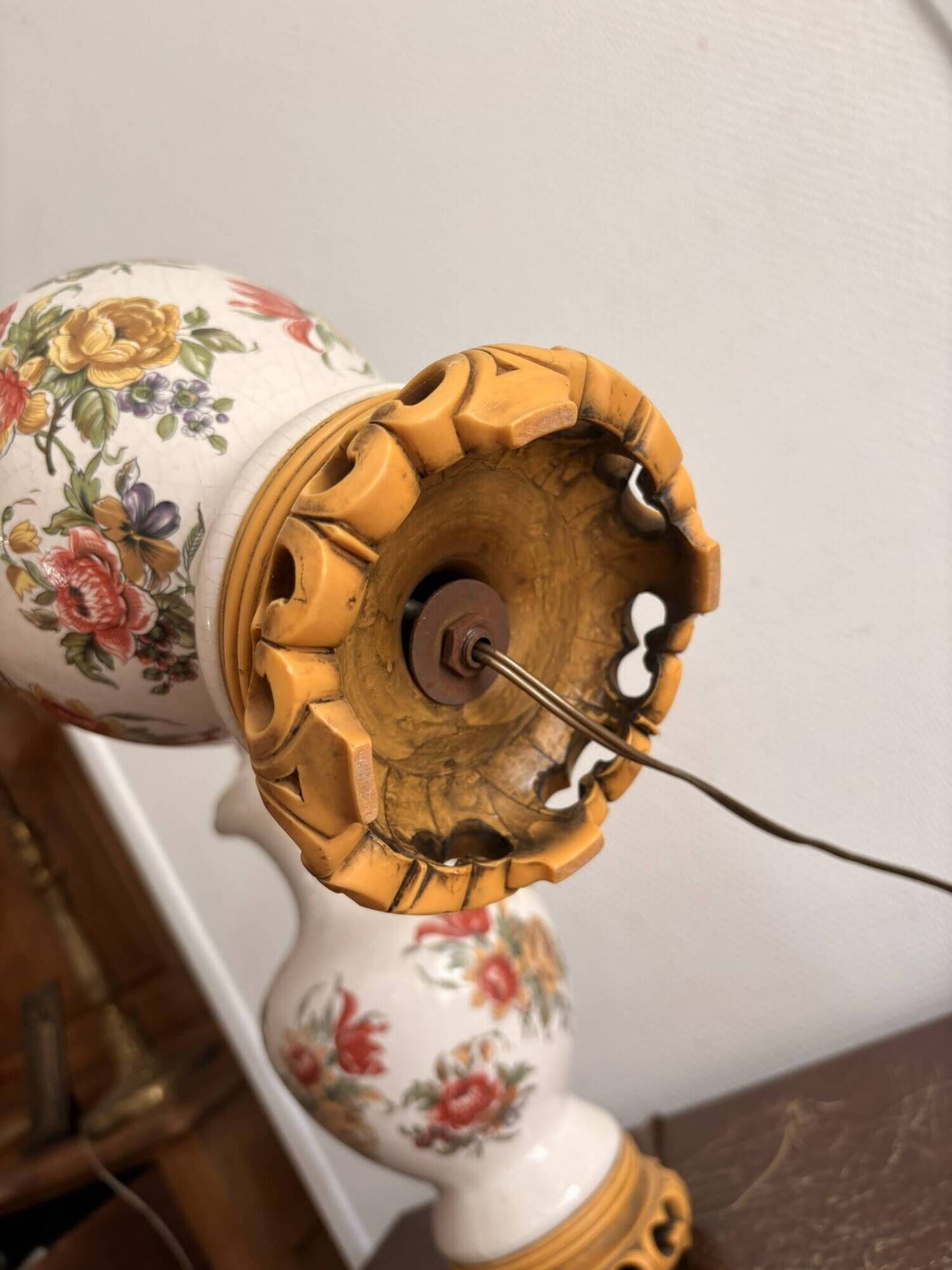 Antique Pair of Ceramic Floral Bulbous Lamps Shabby Chic