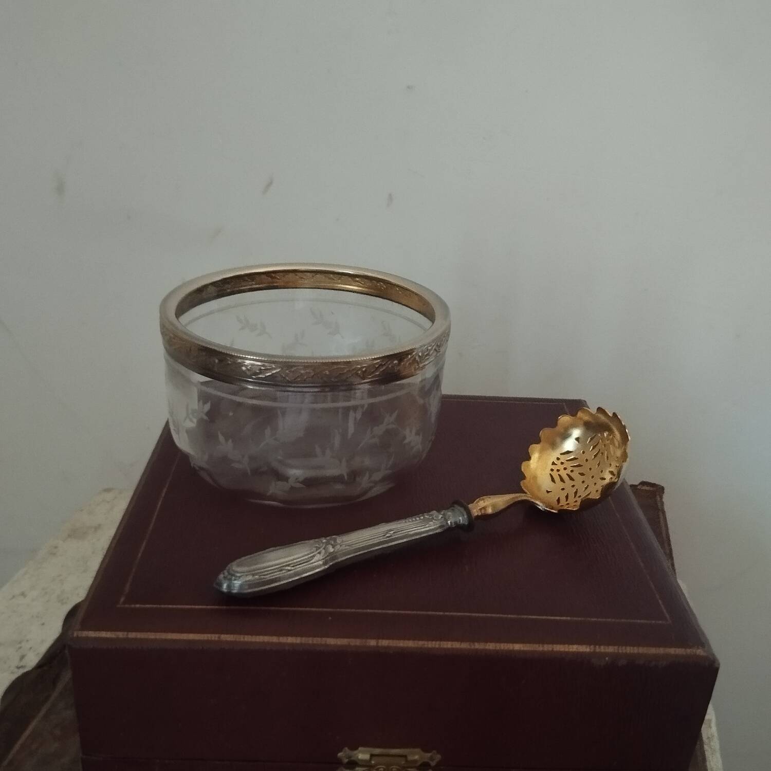 Crystal silver sugar bowl and spoon in box