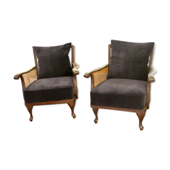 Pair of caned armchairs and corduroy Navy