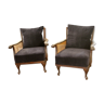 Paire de fauteuils cannés et velours côtelé marine