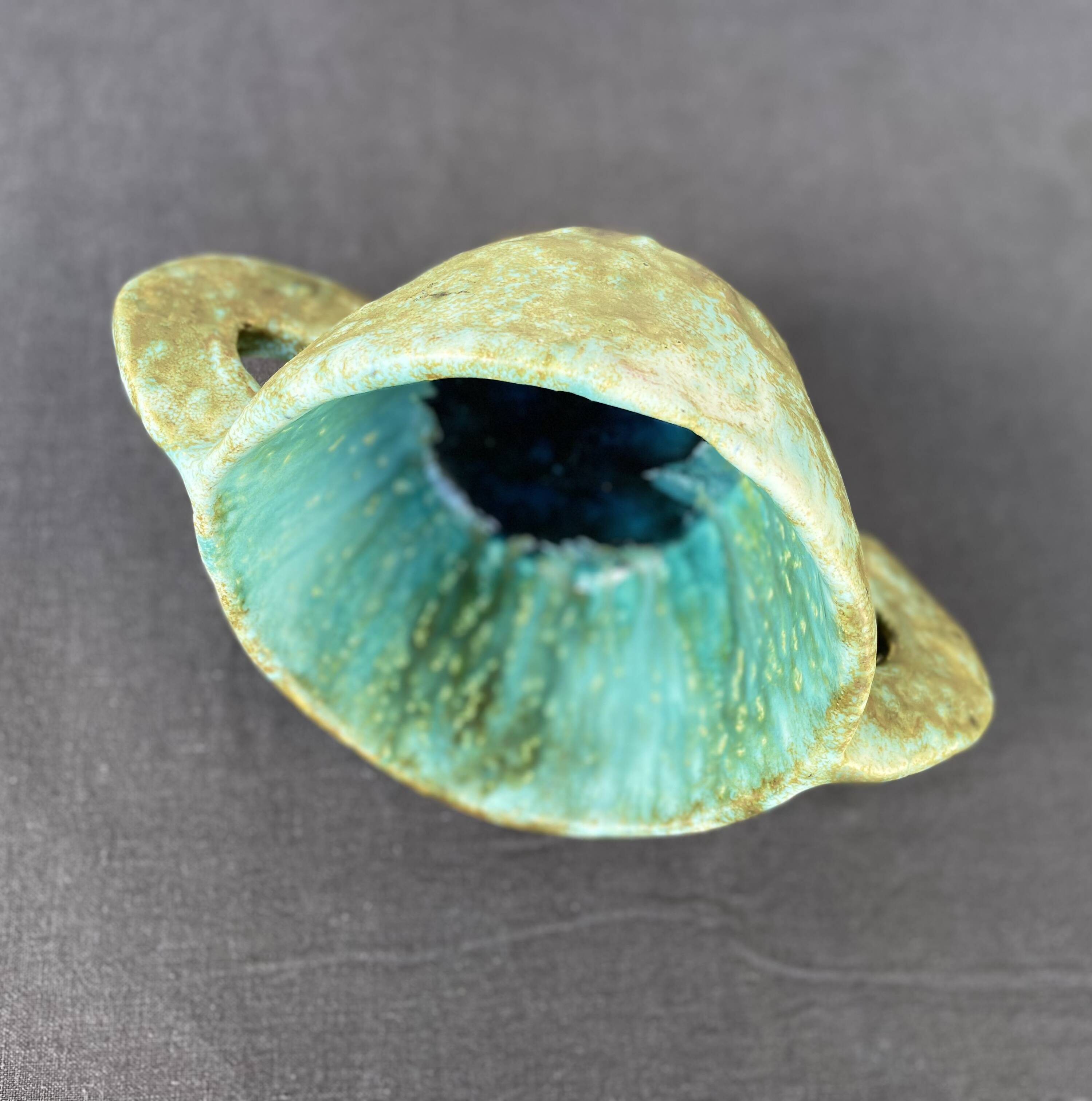 Stoneware bowl with handles, signed handmade ceramic.