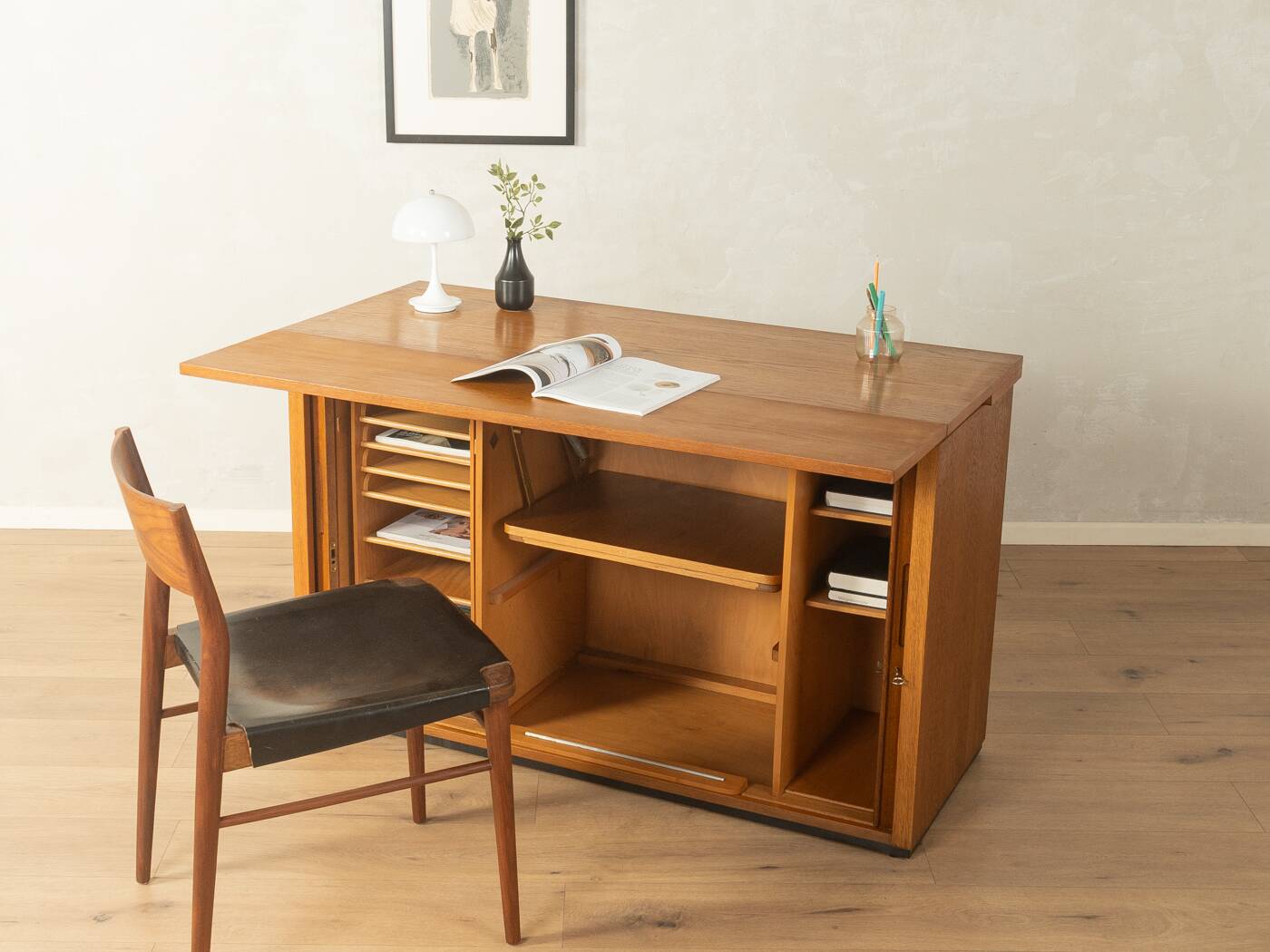 Very rare functional mid-century desk, 1960s, solid wood, Germany