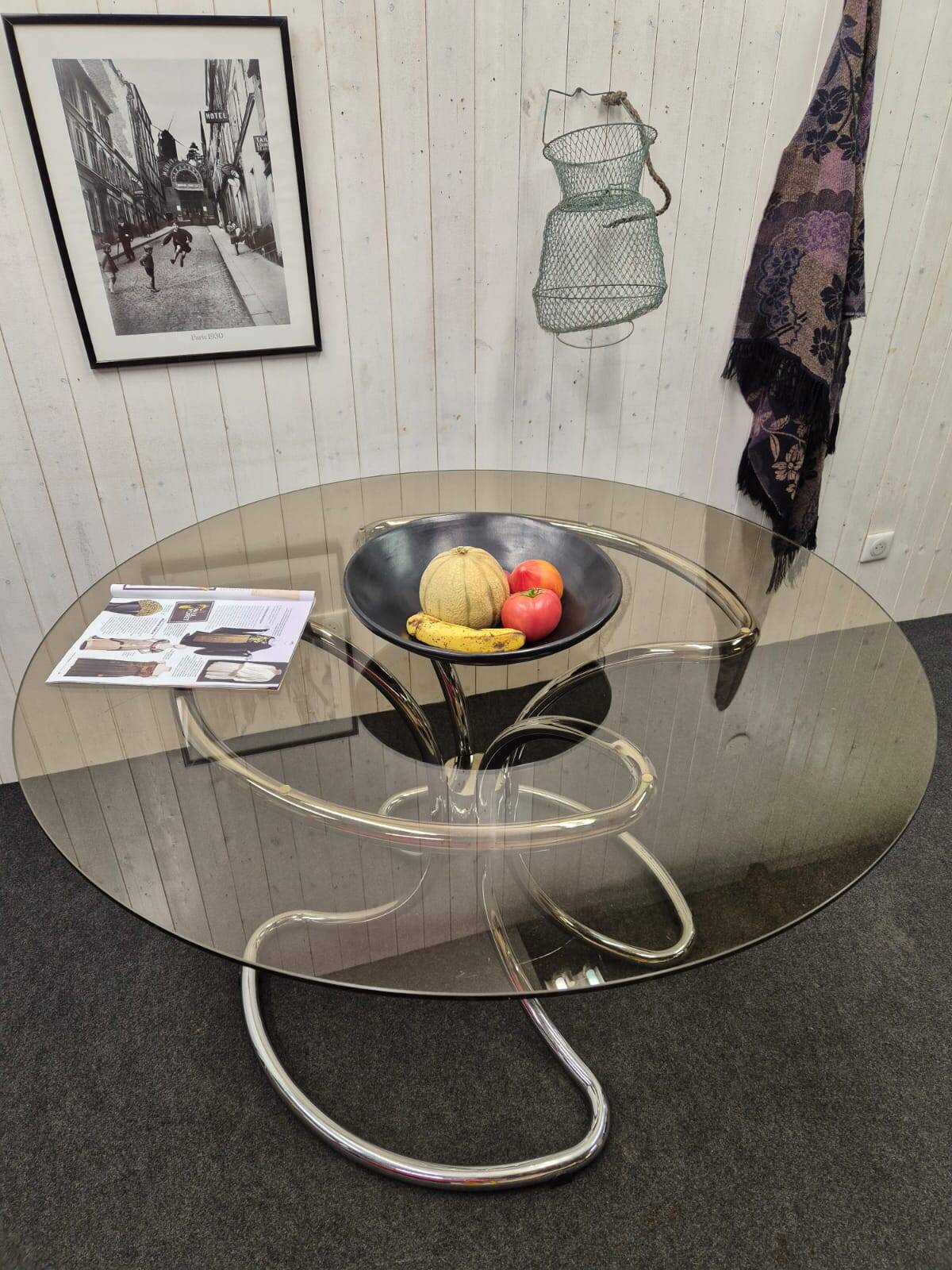 Chrome and smoked glass table.