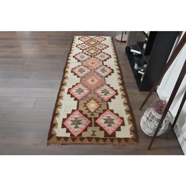 1970s Turkish Oushak Handmade Wool Cotton Pink Runner Rug 92x267
