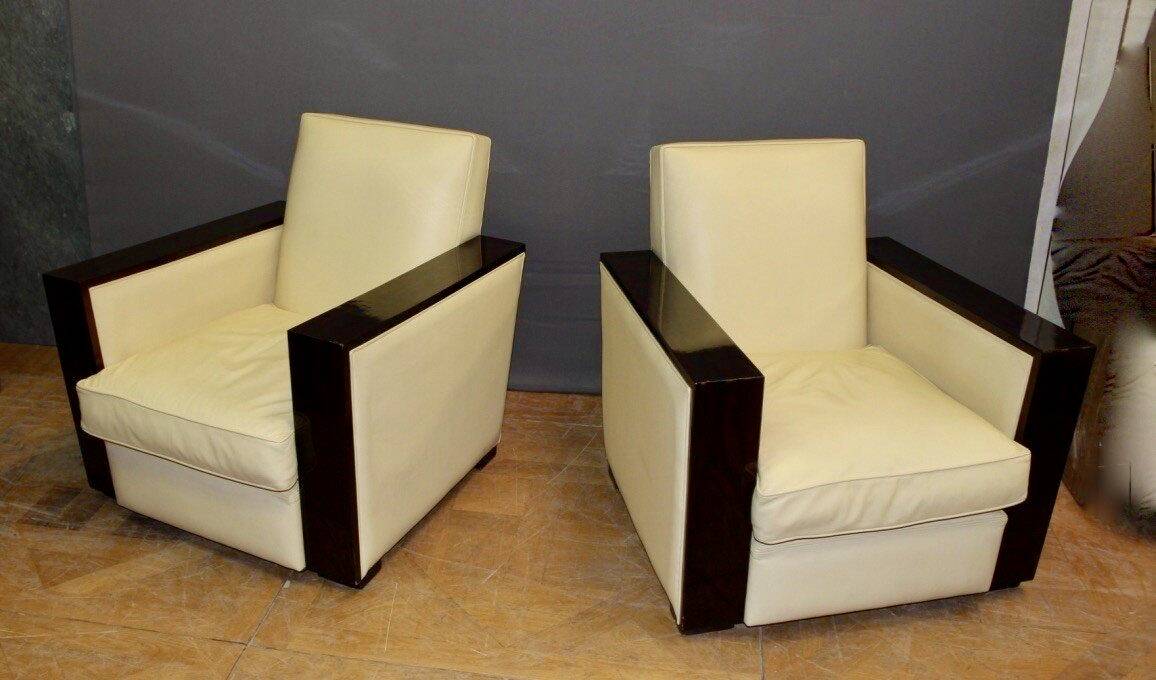 Pair of art deco armchairs in rosewood and beige leather