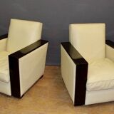 Pair of art deco armchairs in rosewood and beige leather