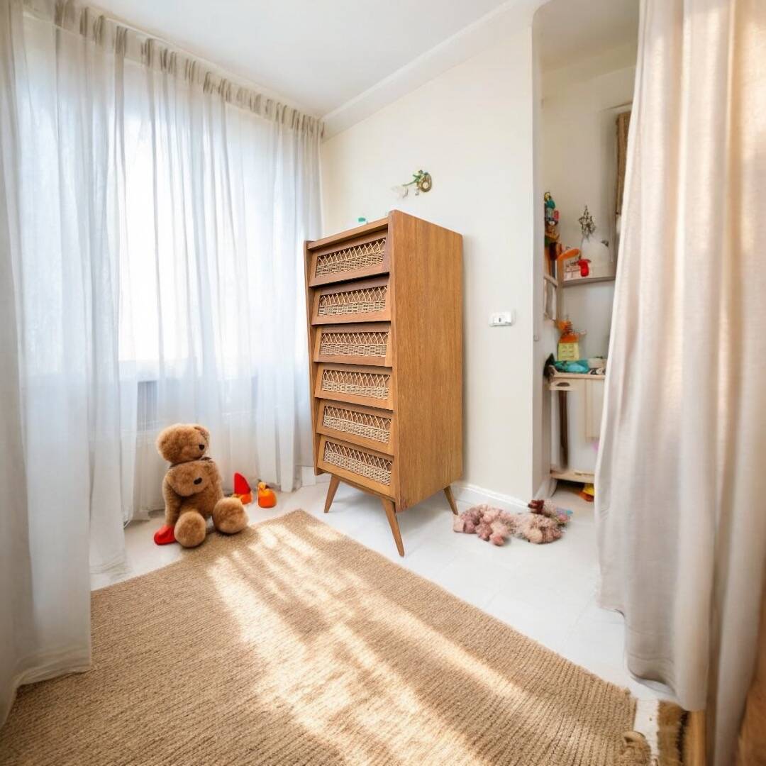 Vintage rattan chiffonier with compass feet 1950