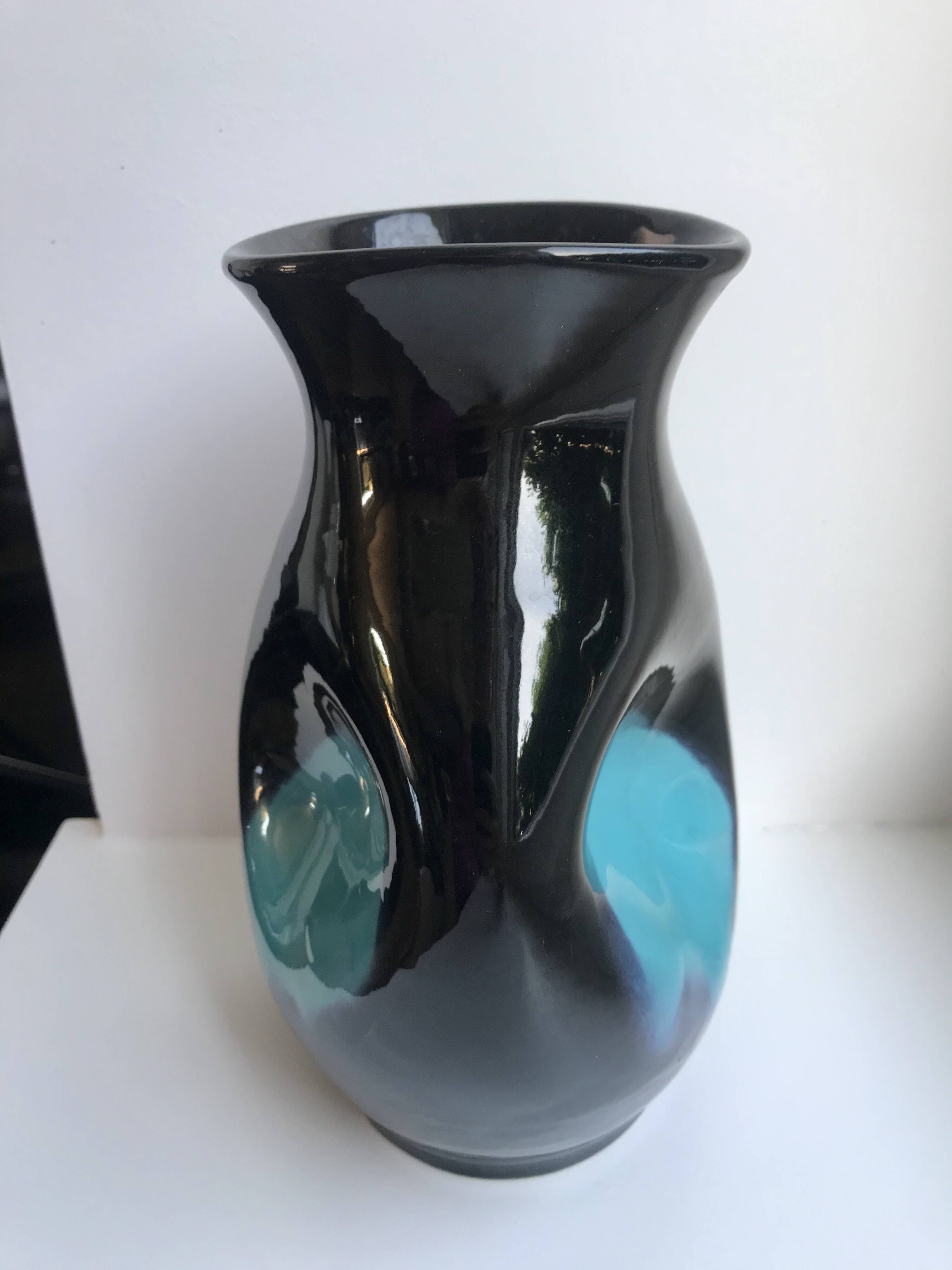 free-form design vase in black and blue ceramic from the 70s