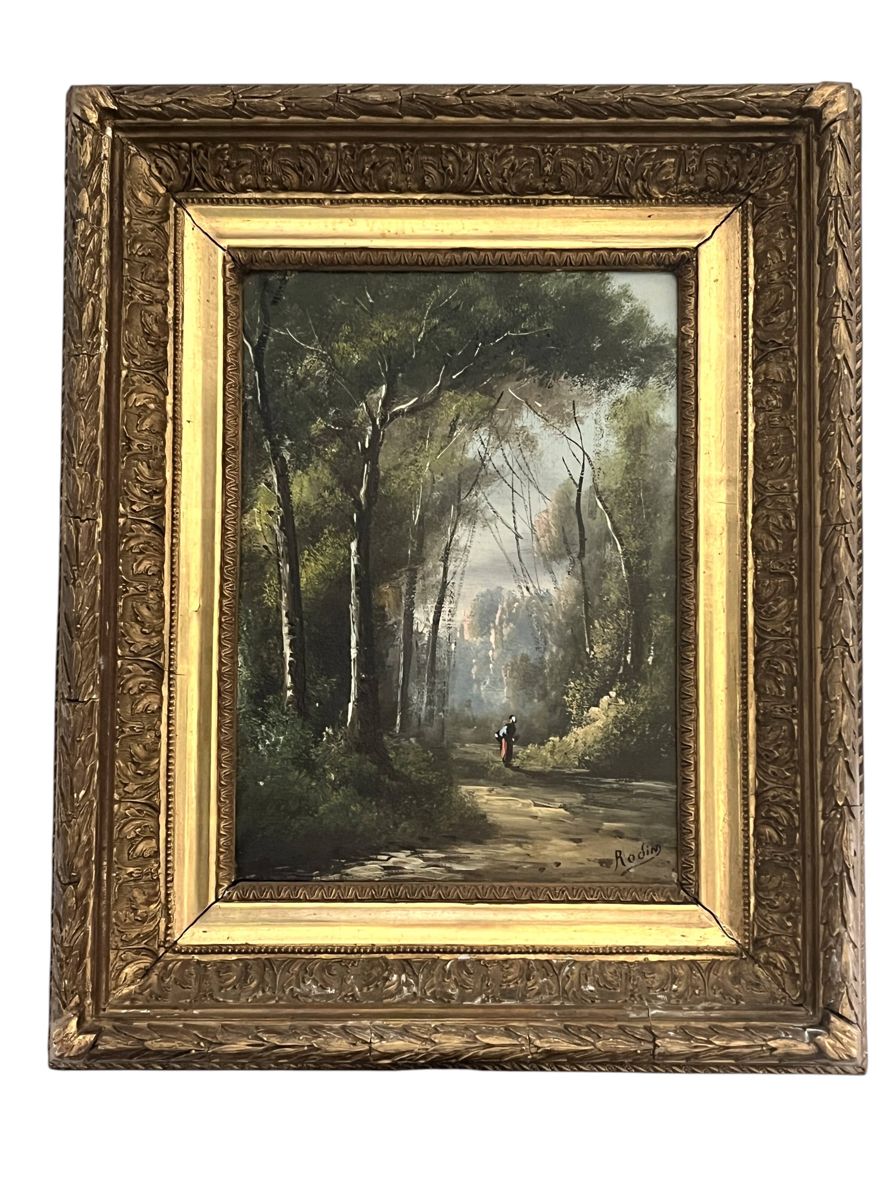 French school, HST animated landscape Barbizon signed late 19th century