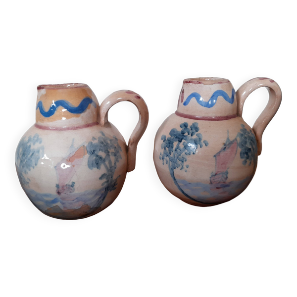 Ensemble de 2 petits pichets déco anciens émaillés peints
