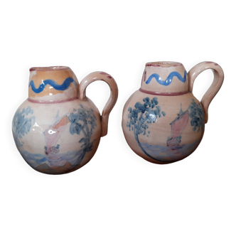 Set of 2 small old decorative enameled painted pitchers