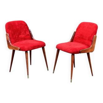 Paire de chaises en fausse fourrure et bois vernis, années 60