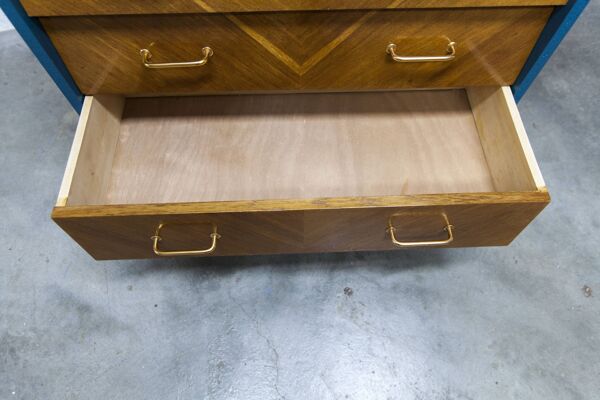 Commode scandinave 1960 atypique bleu Satiné 4 tiroirs