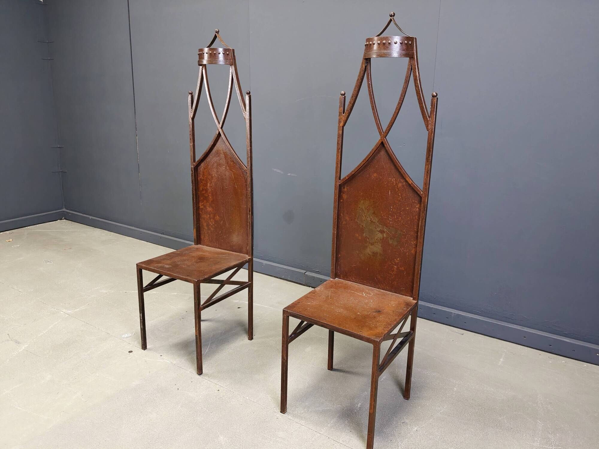 Pair of gothic french high back side chairs, 1960s