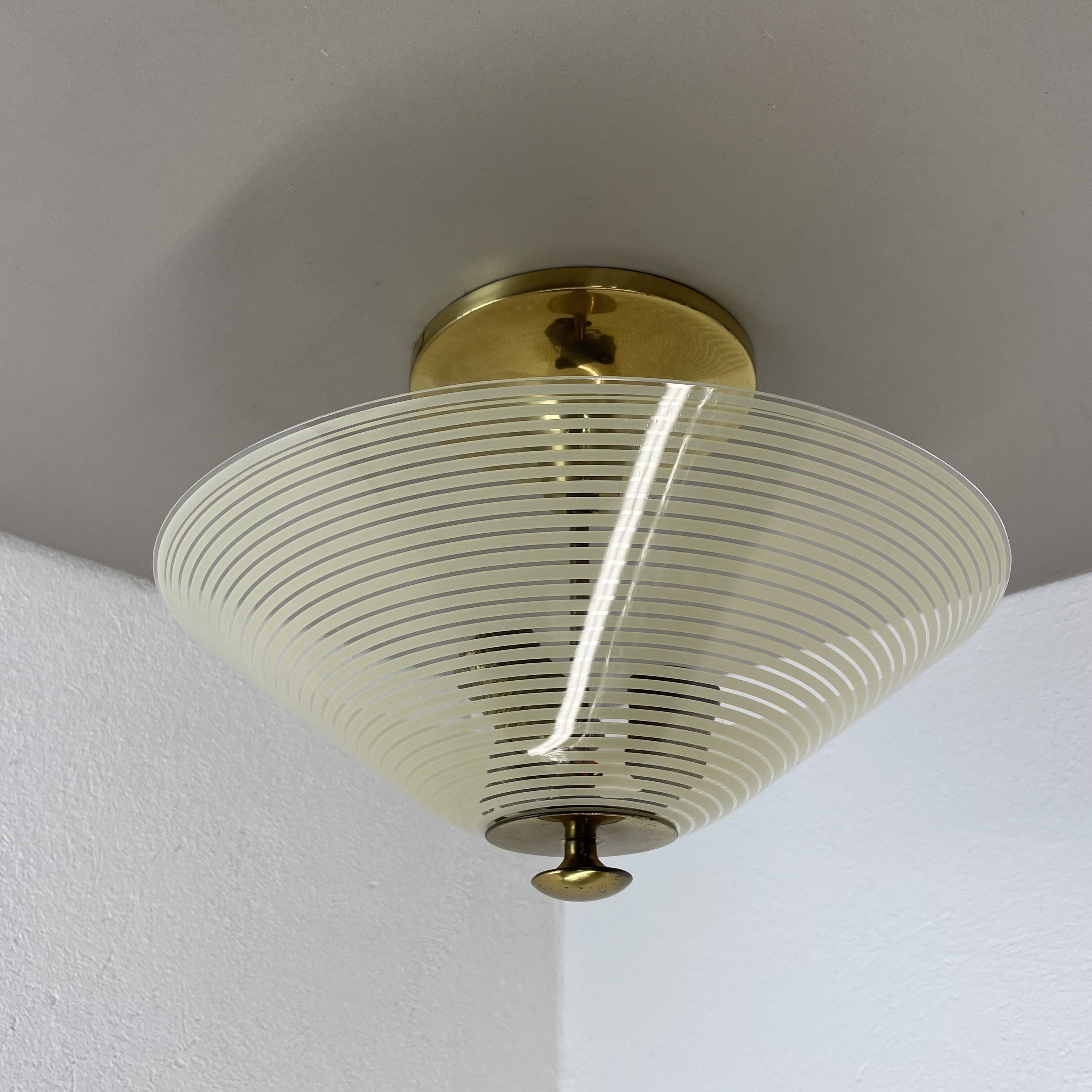 Modernist brass and glass Ceiling Flushmount Light, Italy 1950s