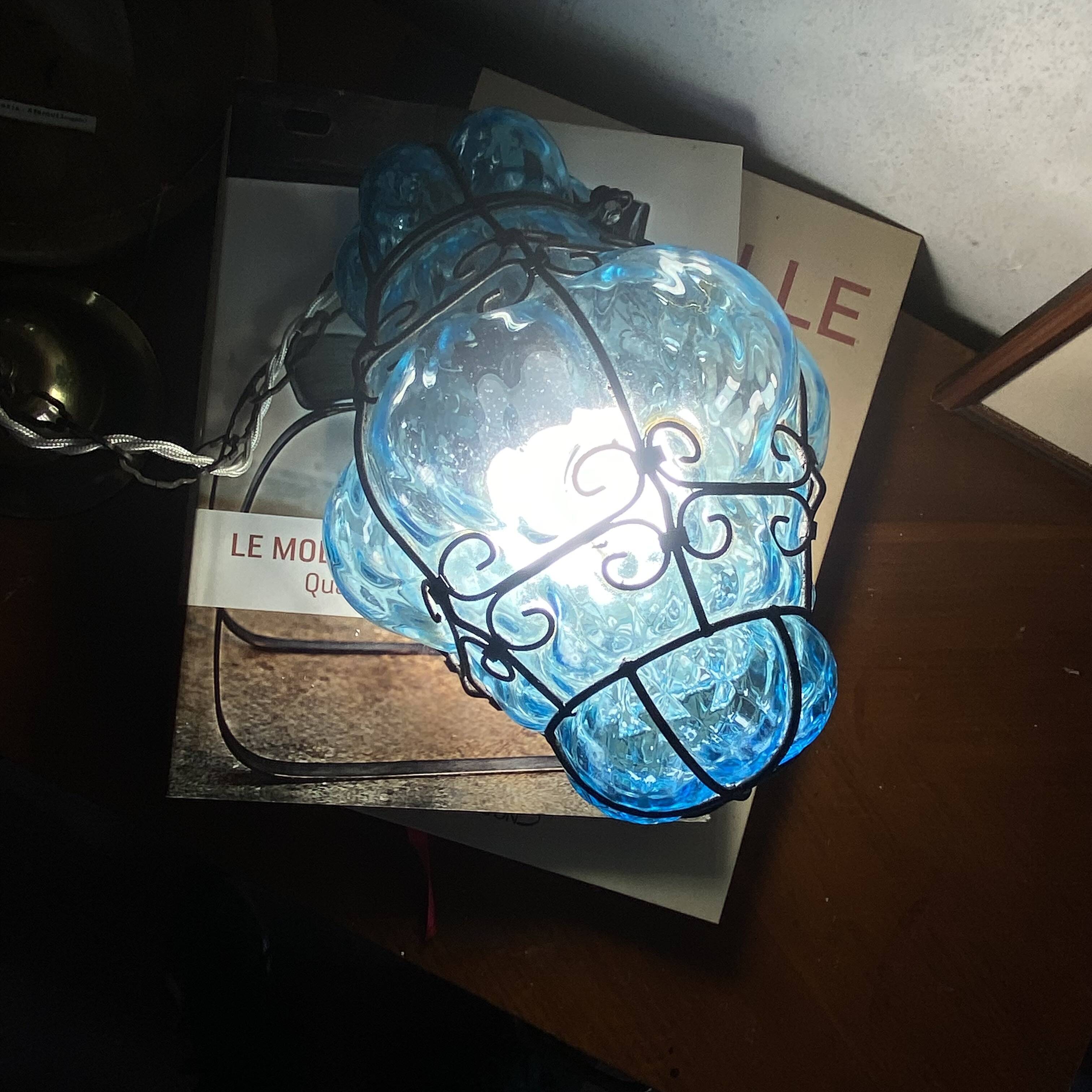 Old suspension glass cage blown Venetian lantern blue