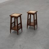Pair of 20th century rustic wooden side tables with ceramic tile top