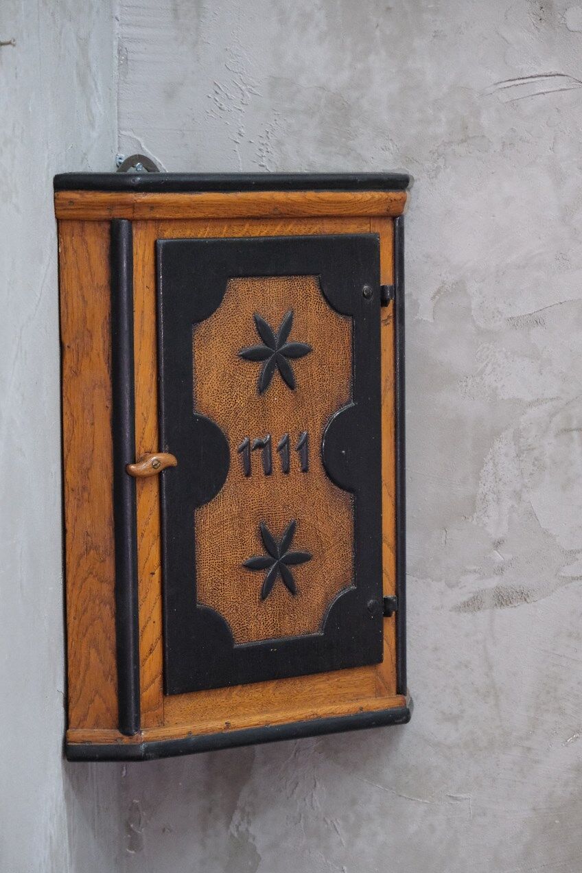Antique  Swedish 18th Century Oak Hanging Corner Cabinet, 1711