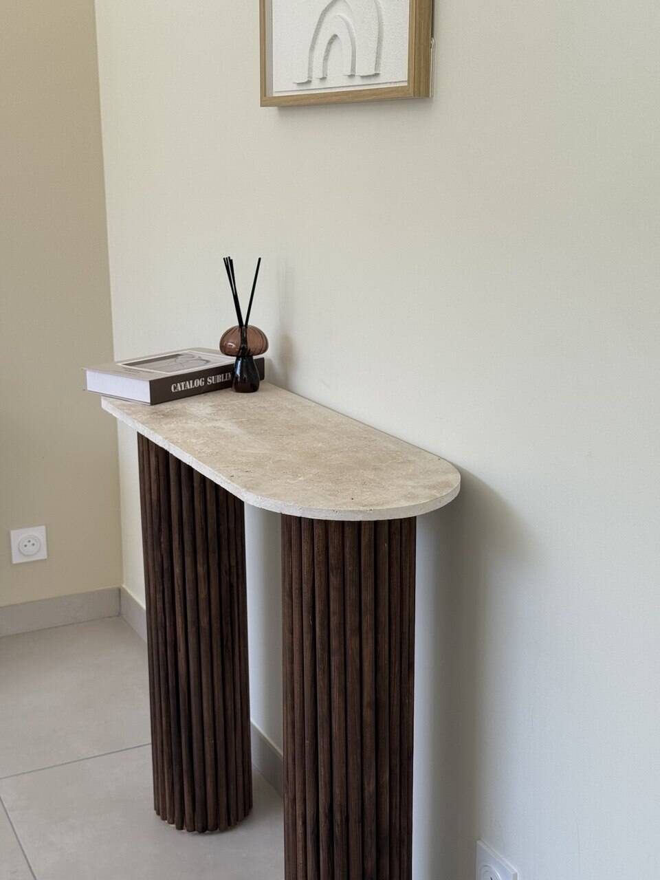 Travertine and wood console | dark oak