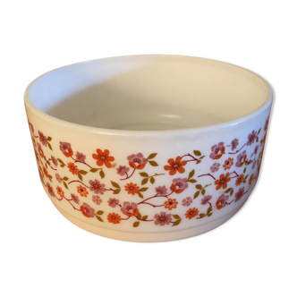 Vintage salad bowl Arcopal France in white opaline and small pink and orange flowers