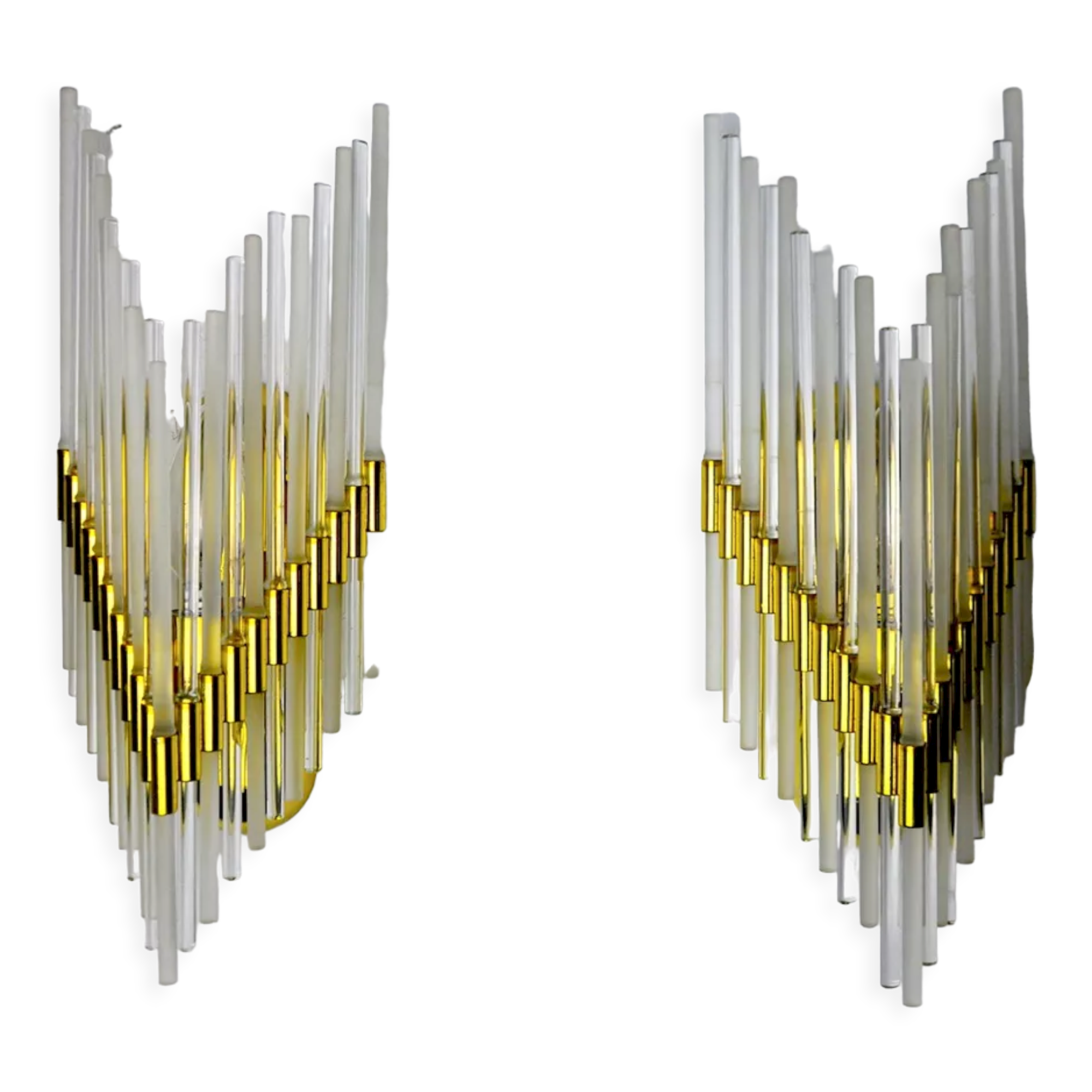 Pair of Venini gold wall lamps, Murano, tubular glasses, Italy, 1970