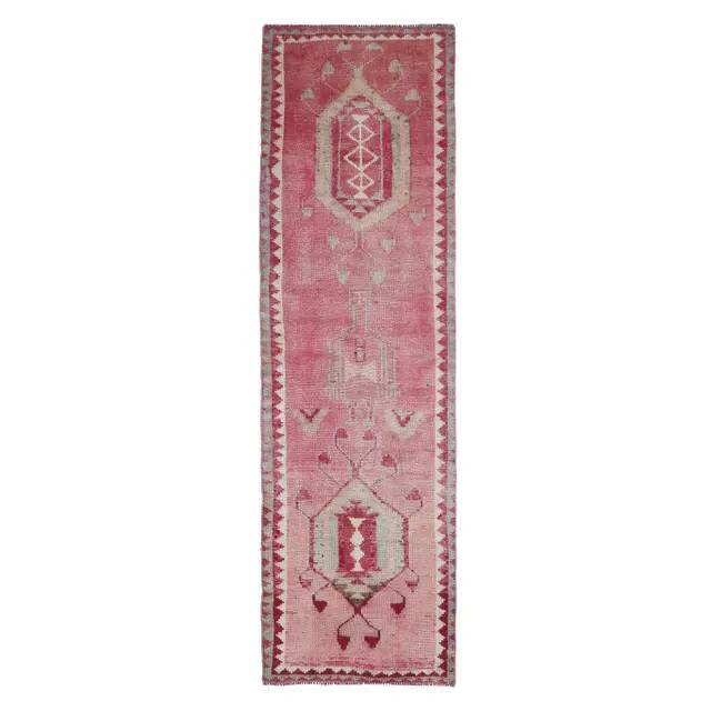 Vintage Turkish Oushak Handmade Wool Cotton Pink Runner Rug 90x312