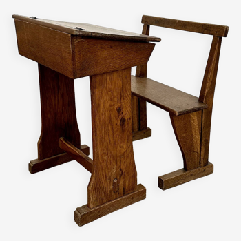 Solid oak school desk - mid-20th century - independent bench