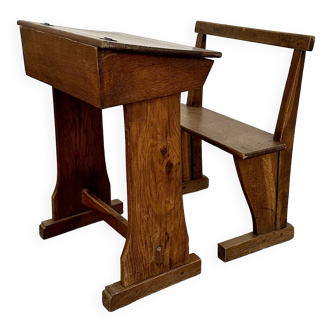 Solid oak school desk - mid-20th century - independent bench