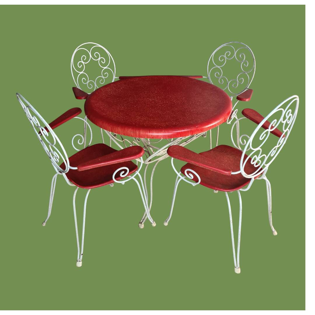 Rare 1950s garden furniture set - wrought iron & fibreglass - 5 pieces